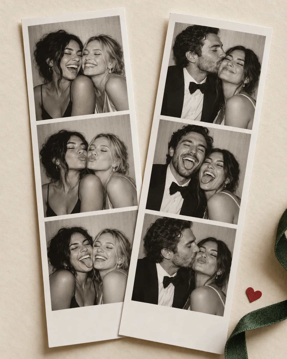 Illustrative black-and-white photobooth strips of friends celebrating